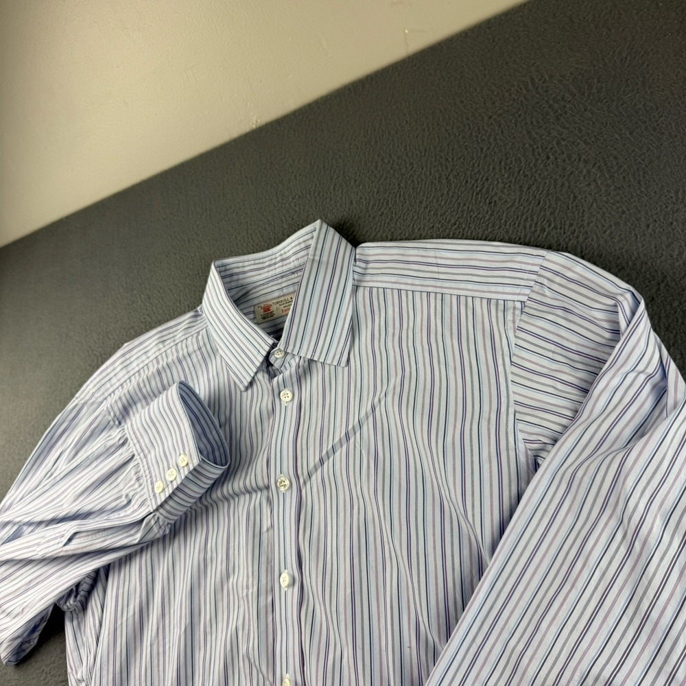 Turnbull & Asser Shirt Mens 17.5 44 Blue Stripe Dress Exclusive Button Up Luxury